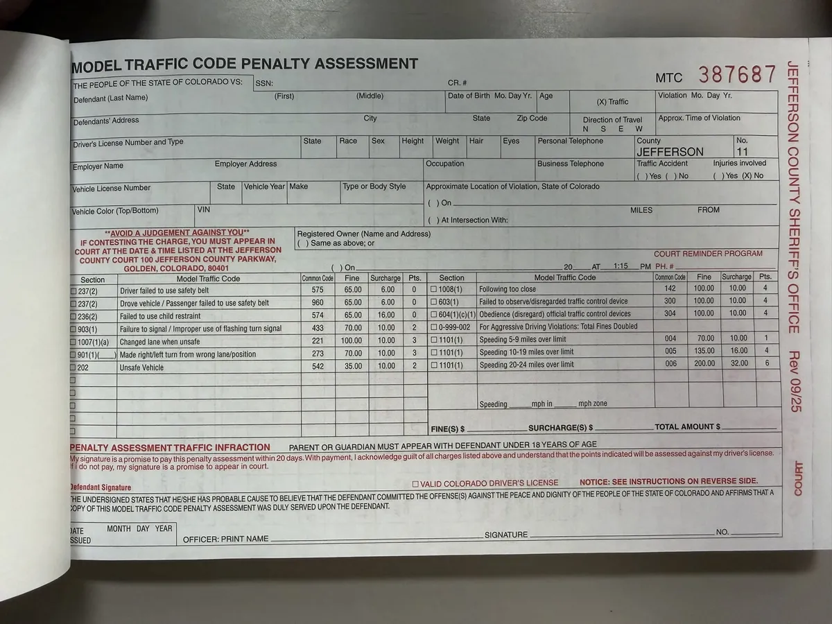 Example handwritten MTC Citation form headed 'Model Traffic Code Penalty Assessment' with ticket number MTC 387687